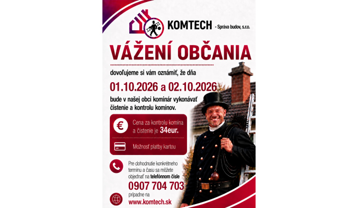 Kontrola a čistenie komínov v obci Lehôtka -1.10 -2.10.2026