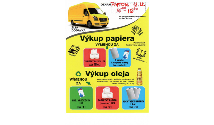 Výkup papiera a použitého jedlého oleja v obci 12.12.2025