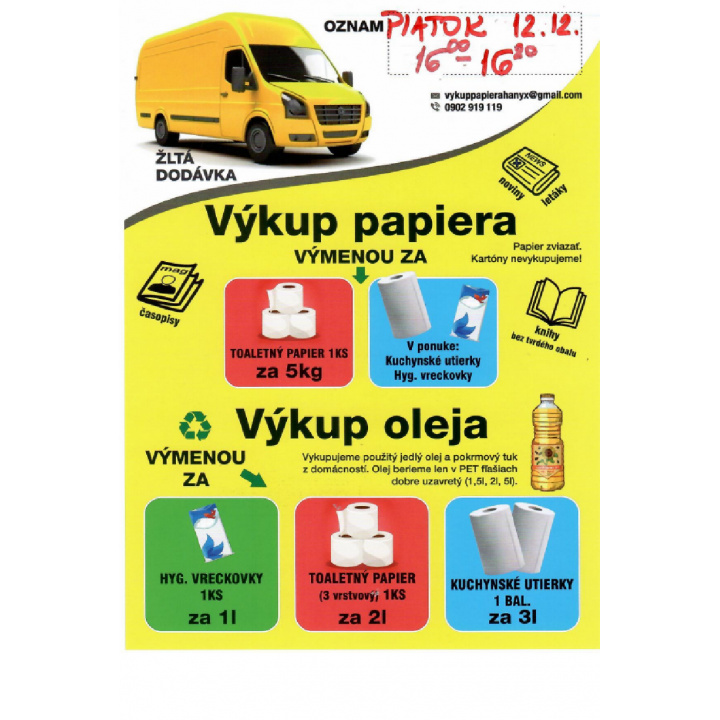 Výkup papiera a použitého jedlého oleja v obci 12.12.2025