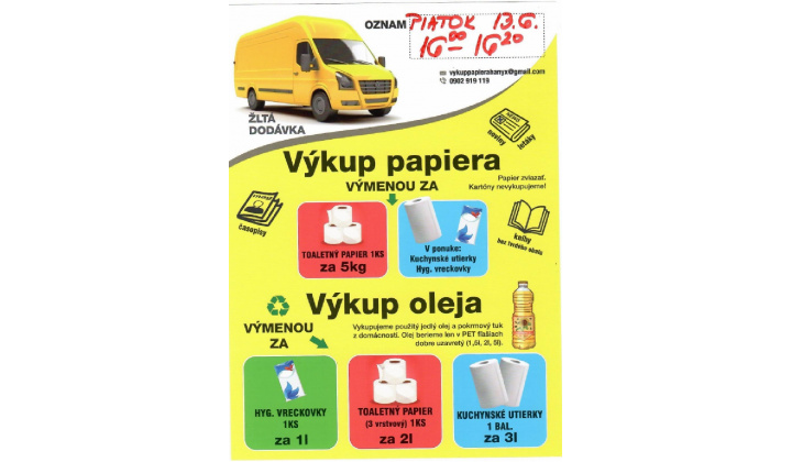 Výkup papiera a použitého oleja v obci 13.06.2025