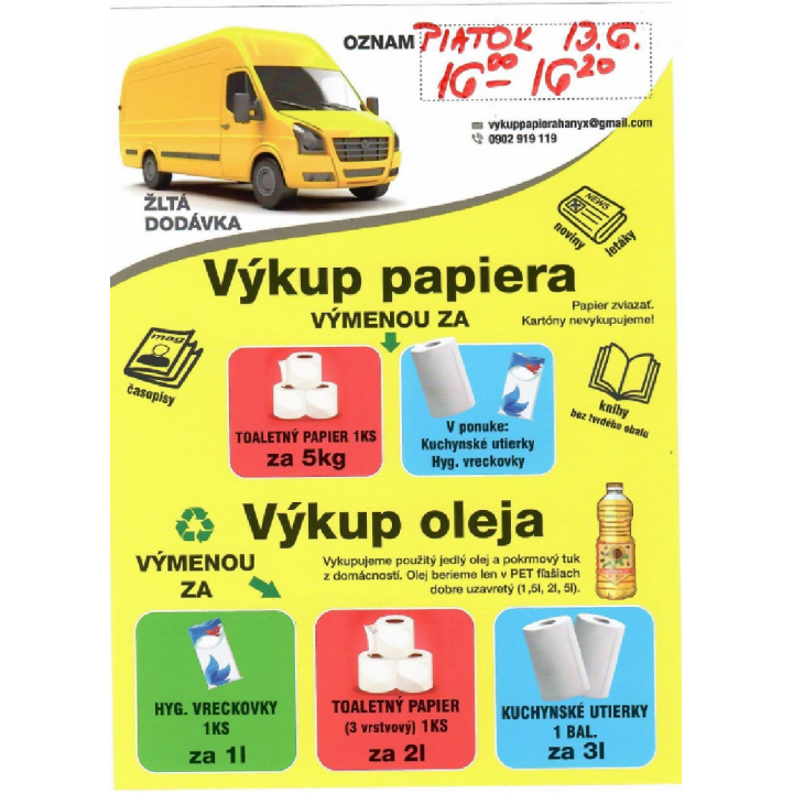 Výkup papiera a použitého oleja v obci 13.06.2025