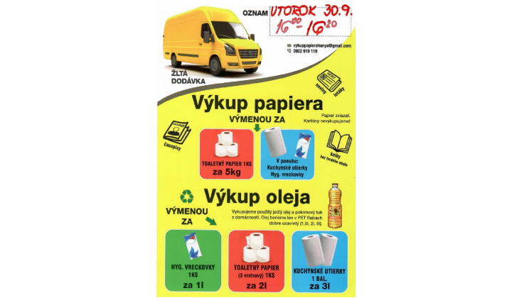 Výkup papiera a použitého oleja v obci dňa 30.09.2025 od 16.00 - 16.20 hod.