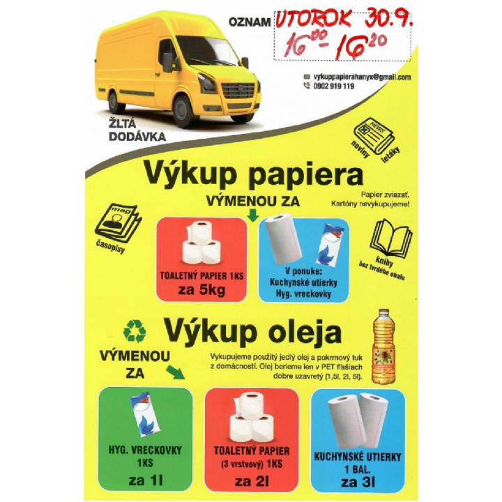 Výkup papiera a použitého oleja v obci dňa 30.09.2025 od 16.00 - 16.20 hod.